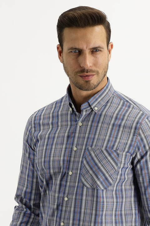 Havacı Mavi Uzun Kol Regular Fit Ekose Pamuklu Kolay Ütülenebilir Düğmeli Yaka Gömlek