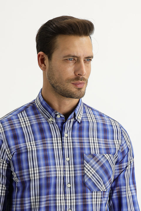 Mavi Uzun Kol Regular Fit Ekose Pamuklu Kolay Ütülenebilir Düğmeli Yaka Gömlek