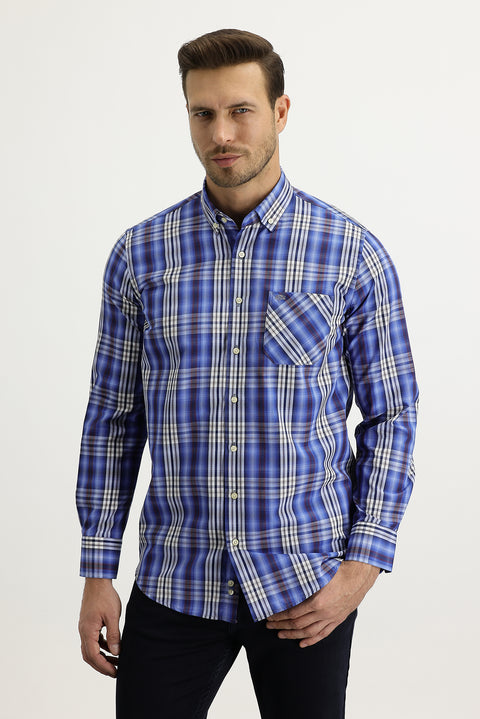 Mavi Uzun Kol Regular Fit Ekose Pamuklu Kolay Ütülenebilir Düğmeli Yaka Gömlek