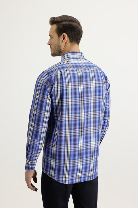 Mavi Uzun Kol Regular Fit Ekose Pamuklu Kolay Ütülenebilir Düğmeli Yaka Gömlek