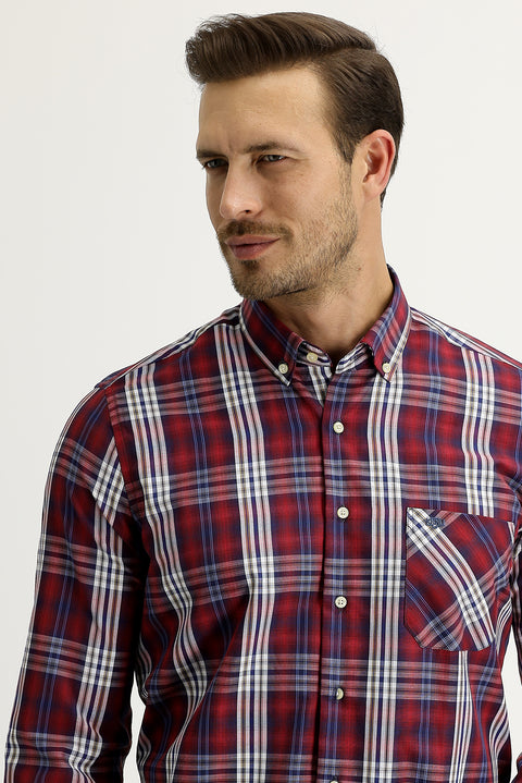 Açık Bordo Uzun Kol Regular Fit Ekose Düğmeli Yaka Gömlek