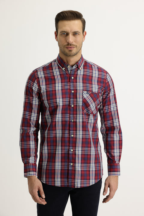 Açık Bordo Uzun Kol Regular Fit Ekose Düğmeli Yaka Gömlek