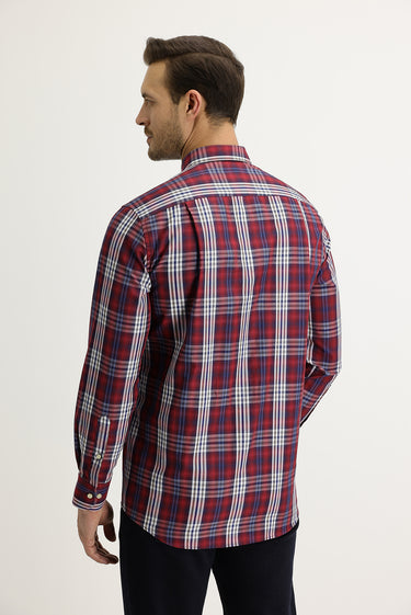 Açık Bordo Uzun Kol Regular Fit Ekose Düğmeli Yaka Gömlek