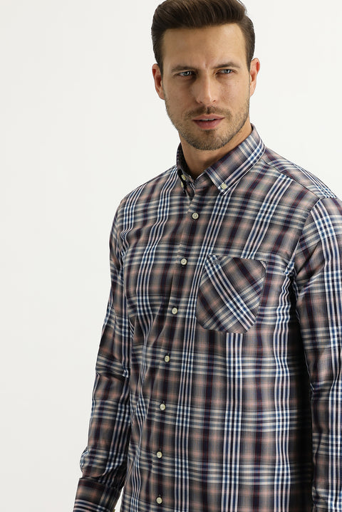 Koyu Bordo Uzun Kol Regular Fit Ekose Pamuklu Düğmeli Yaka Gömlek