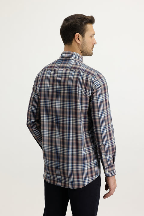 Koyu Bordo Uzun Kol Regular Fit Ekose Pamuklu Düğmeli Yaka Gömlek