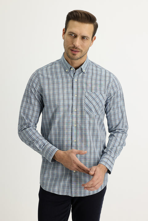 Açık Mavi Uzun Kol Regular Fit Ekose Düğmeli Yaka Gömlek