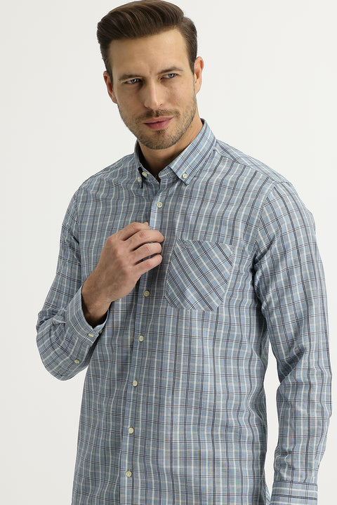 Açık Mavi Uzun Kol Regular Fit Ekose Düğmeli Yaka Gömlek