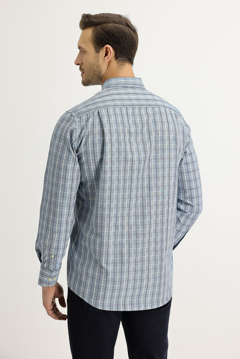 Açık Mavi Uzun Kol Regular Fit Ekose Düğmeli Yaka Gömlek