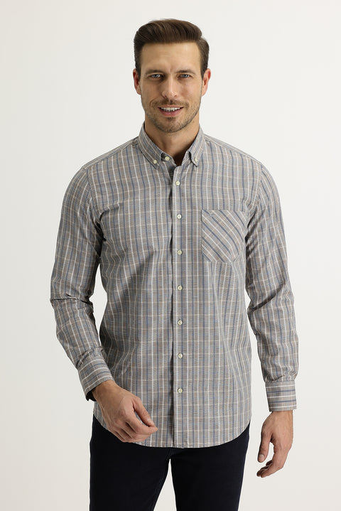 Açık Vizon Uzun Kol Regular Fit Ekose Pamuklu Kolay Ütülenebilir Düğmeli Yaka Gömlek