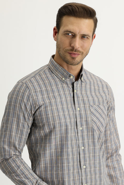 Açık Vizon Uzun Kol Regular Fit Ekose Pamuklu Kolay Ütülenebilir Düğmeli Yaka Gömlek