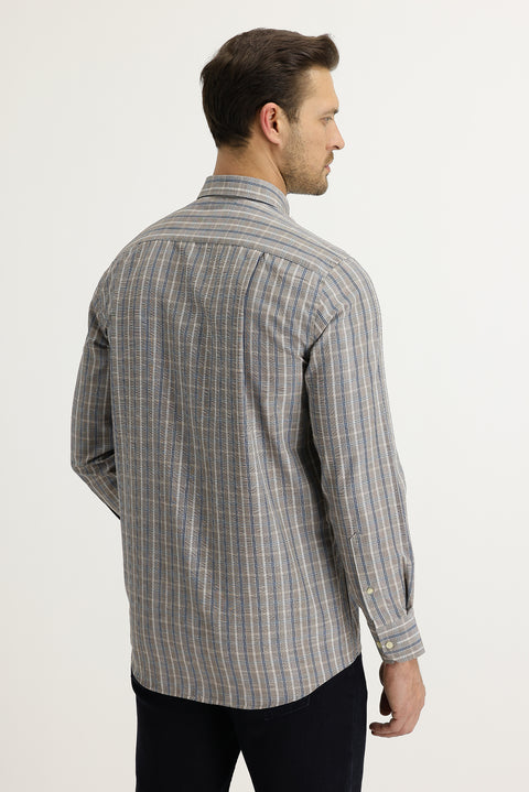 Açık Vizon Uzun Kol Regular Fit Ekose Pamuklu Kolay Ütülenebilir Düğmeli Yaka Gömlek