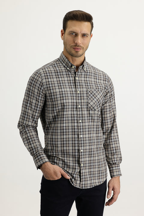 Orta Kahve Uzun Kol Regular Fit Ekose Pamuklu Kolay Ütülenebilir Gömlek