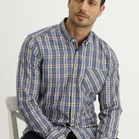 Açık Lacivert Uzun Kol Regular Fit Ekose Düğmeli Yaka Gömlek