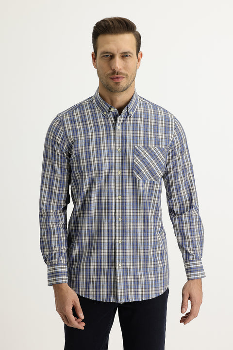 Açık Lacivert Uzun Kol Regular Fit Ekose Düğmeli Yaka Gömlek