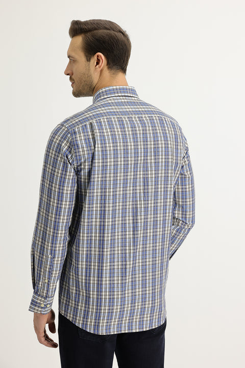 Açık Lacivert Uzun Kol Regular Fit Ekose Düğmeli Yaka Gömlek