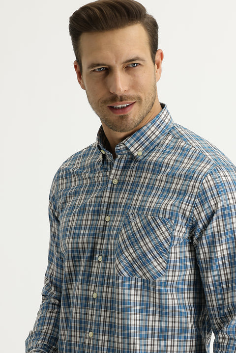 Mavi Uzun Kol Regular Fit Ekose Pamuklu Düğmeli Yaka Gömlek