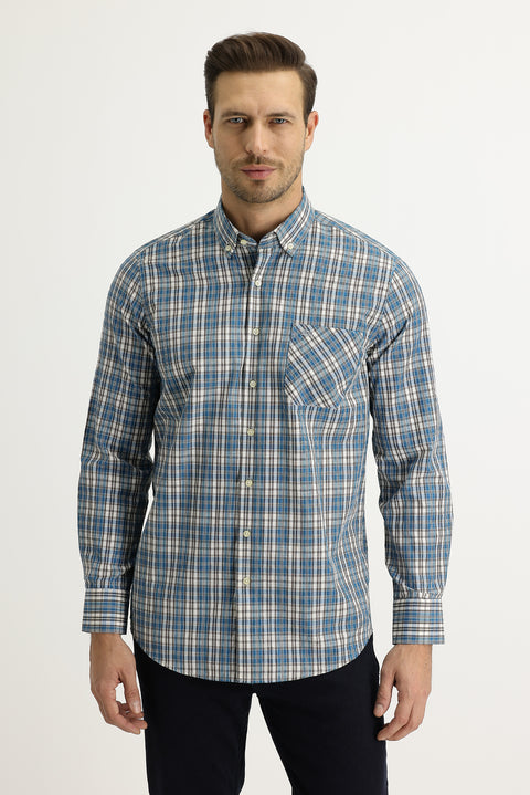 Mavi Uzun Kol Regular Fit Ekose Pamuklu Düğmeli Yaka Gömlek