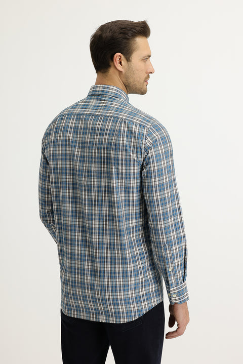 Mavi Uzun Kol Regular Fit Ekose Pamuklu Düğmeli Yaka Gömlek