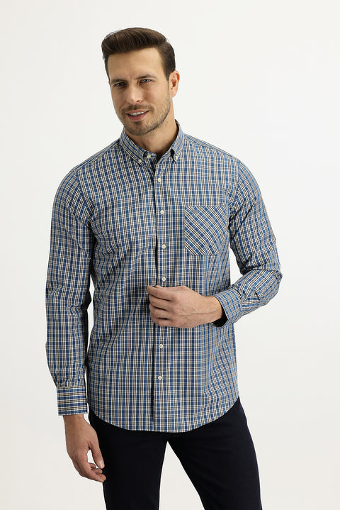 Mavi Uzun Kol Regular Fit Ekose Kolay Ütülenebilir Gömlek