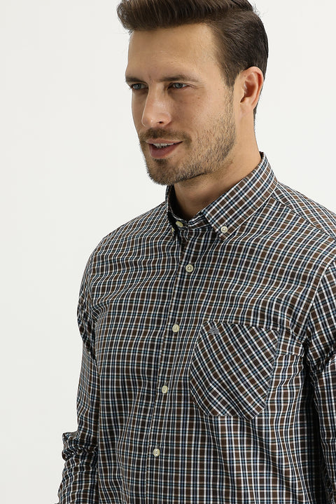 Orta Kahve Uzun Kol Regular Fit Ekose Gömlek