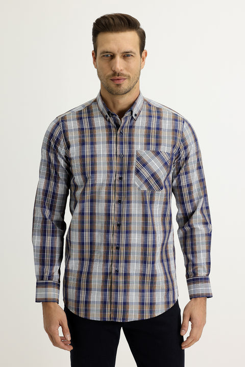 Orta Kahve Uzun Kol Regular Fit Ekose Gömlek