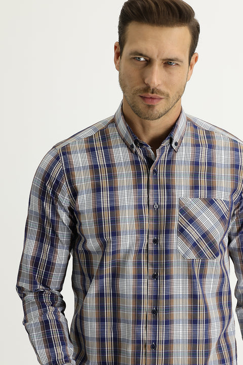 Orta Kahve Uzun Kol Regular Fit Ekose Gömlek