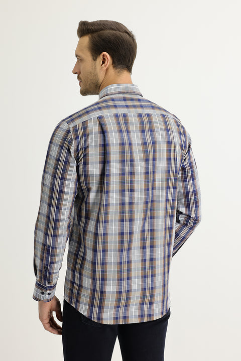 Orta Kahve Uzun Kol Regular Fit Ekose Gömlek