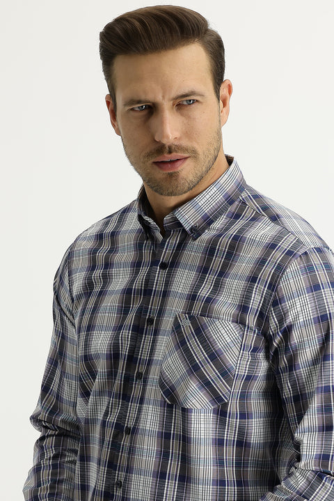 Lila Uzun Kol Regular Fit Ekose Pamuklu Gömlek