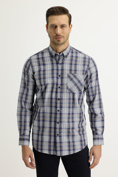 Lila Uzun Kol Regular Fit Ekose Pamuklu Gömlek