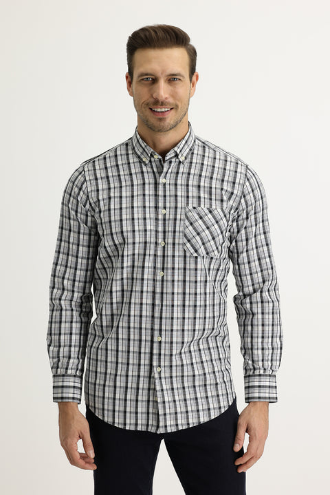 Siyah Uzun Kol Regular Fit Ekose Pamuklu Kolay Ütülenebilir Gömlek