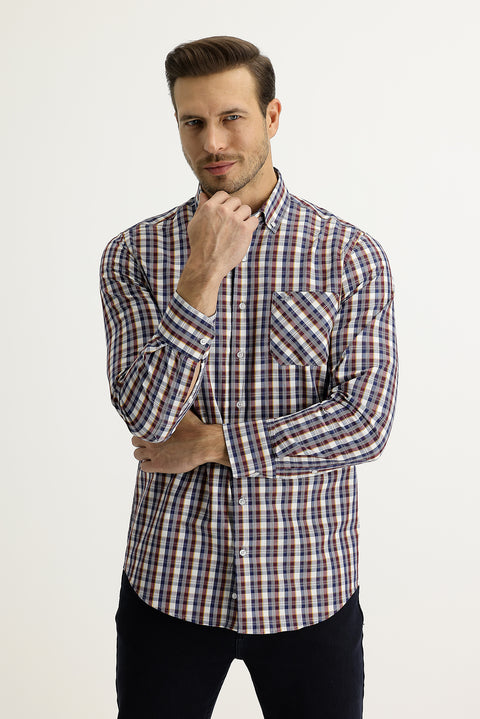 Açık Bordo Uzun Kol Regular Fit Ekose Gömlek