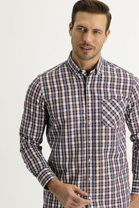 Açık Bordo Uzun Kol Regular Fit Ekose Gömlek