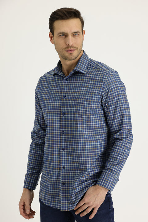 Blue Long Sleeve Regular Fit Plaid Shirt
