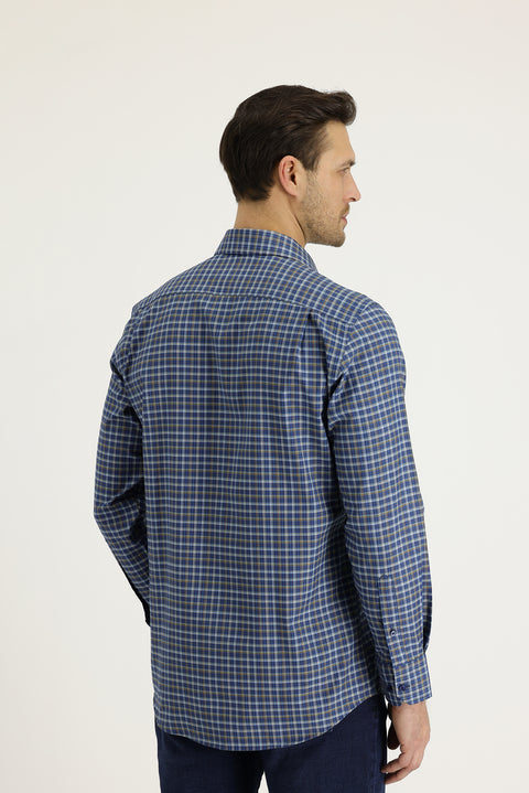 Blue Long Sleeve Regular Fit Plaid Shirt