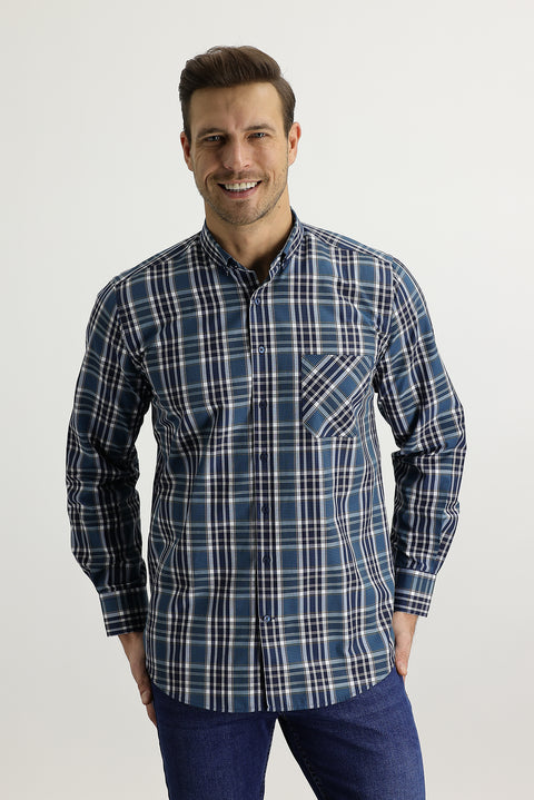 Petrol Green Long Sleeve Regular Fit Plaid Cotton Shirt