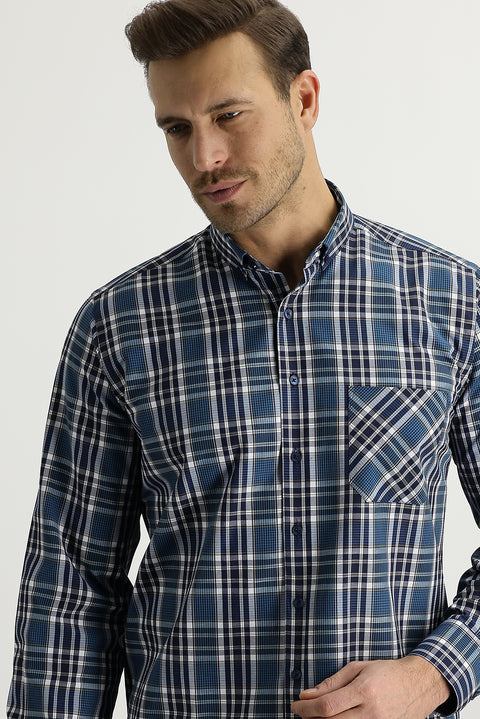 Petrol Green Long Sleeve Regular Fit Plaid Cotton Shirt