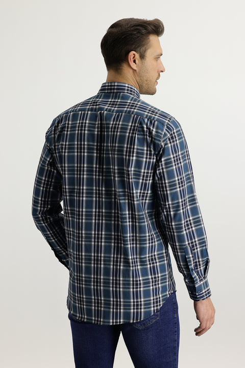 Petrol Green Long Sleeve Regular Fit Plaid Cotton Shirt