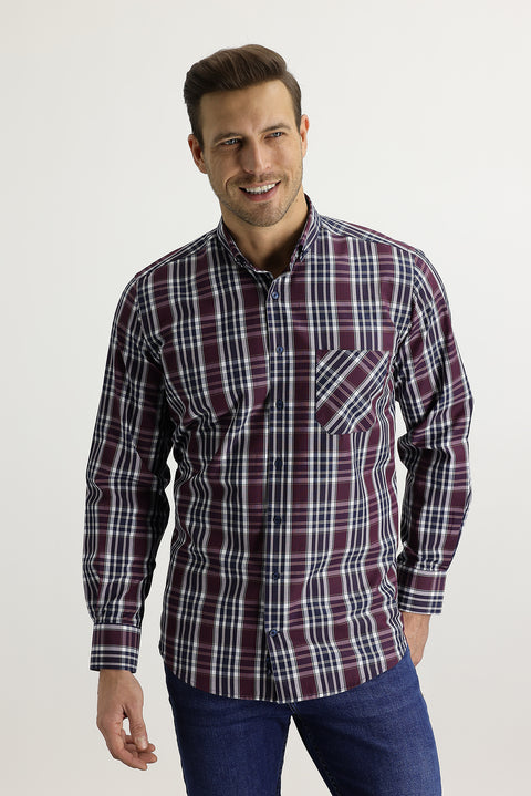 Açık Bordo Uzun Kol Regular Fit Ekose Gömlek