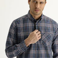 Koyu Mavi  Uzun Kol Regular Fit Ekose Pamuklu Gömlek