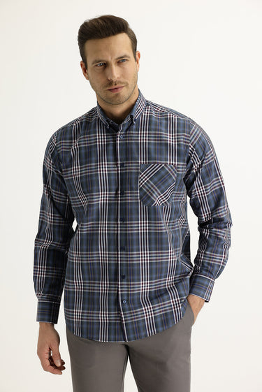 Koyu Mavi  Uzun Kol Regular Fit Ekose Pamuklu Gömlek