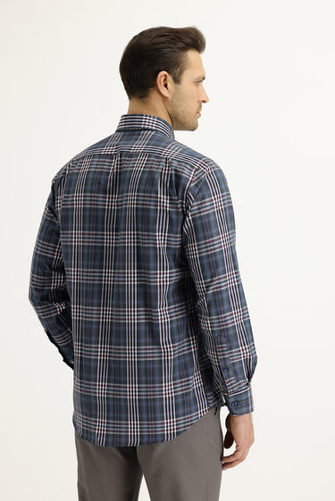 Koyu Mavi  Uzun Kol Regular Fit Ekose Pamuklu Gömlek