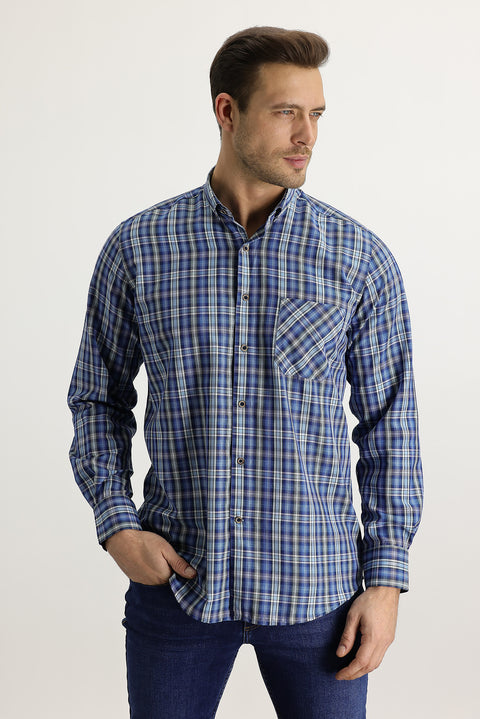 Gök Mavisi Uzun Kol Regular Fit Ekose Gömlek