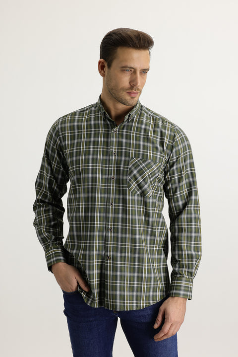 Orta Haki Uzun Kol Regular Fit Ekose Gömlek