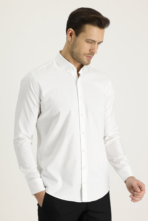 Beyaz Uzun Kol Slim Fit Dar Kesim Oxford Pamuk Gömlek