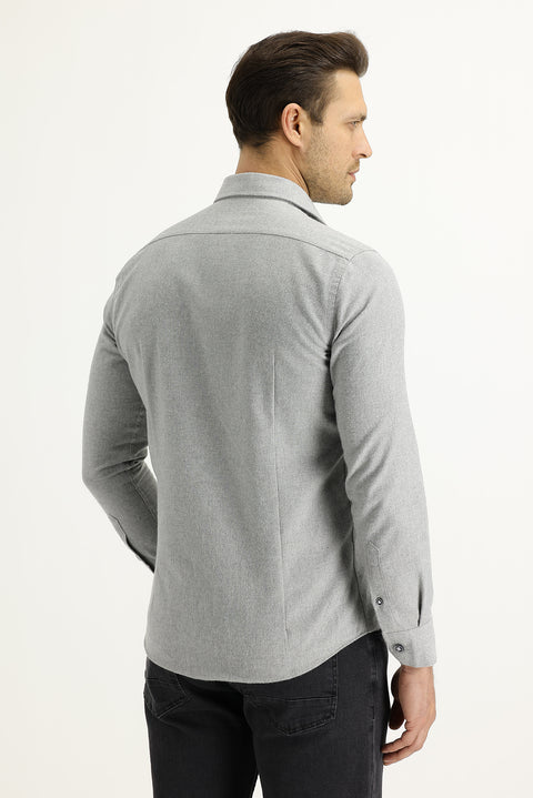 Açık Gri Uzun Kol Slim Fit Dar Kesim Oduncu Spor Gömlek