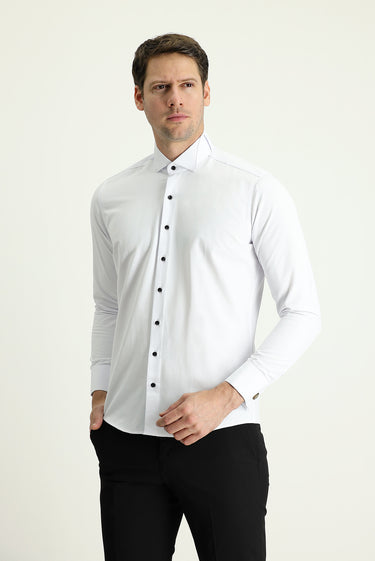  Beyaz Ata Yaka Slim Fit Dar Kesim Pamuklu Kolay Ütülenebilir Gömlek