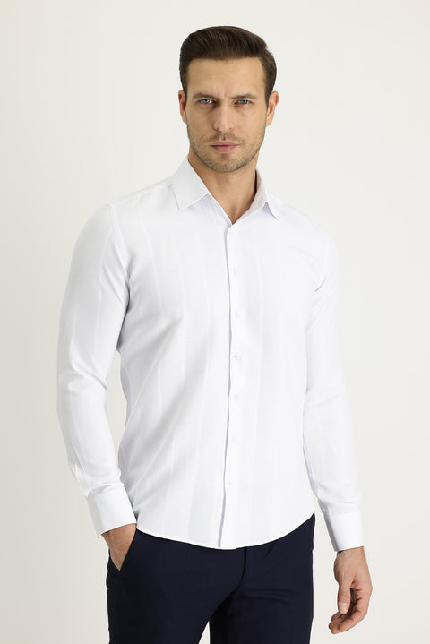 Beyaz Uzun Kol Slim Fit Dar Kesim Çizgili Pamuklu Kolay Ütülenebilir Gömlek