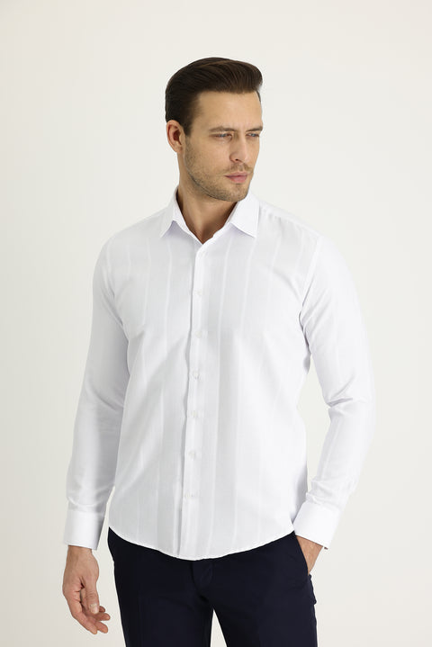 Beyaz Uzun Kol Slim Fit Dar Kesim Çizgili Pamuklu Kolay Ütülenebilir Gömlek