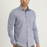 Orta Lacivert Uzun Kol Slim Fit Dar Kesim Klasik Desenli Pamuk Gömlek