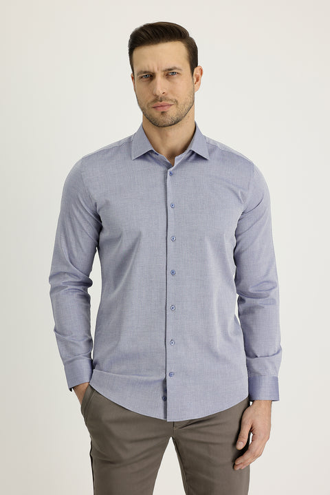 Orta Lacivert Uzun Kol Slim Fit Dar Kesim Klasik Desenli Pamuk Gömlek